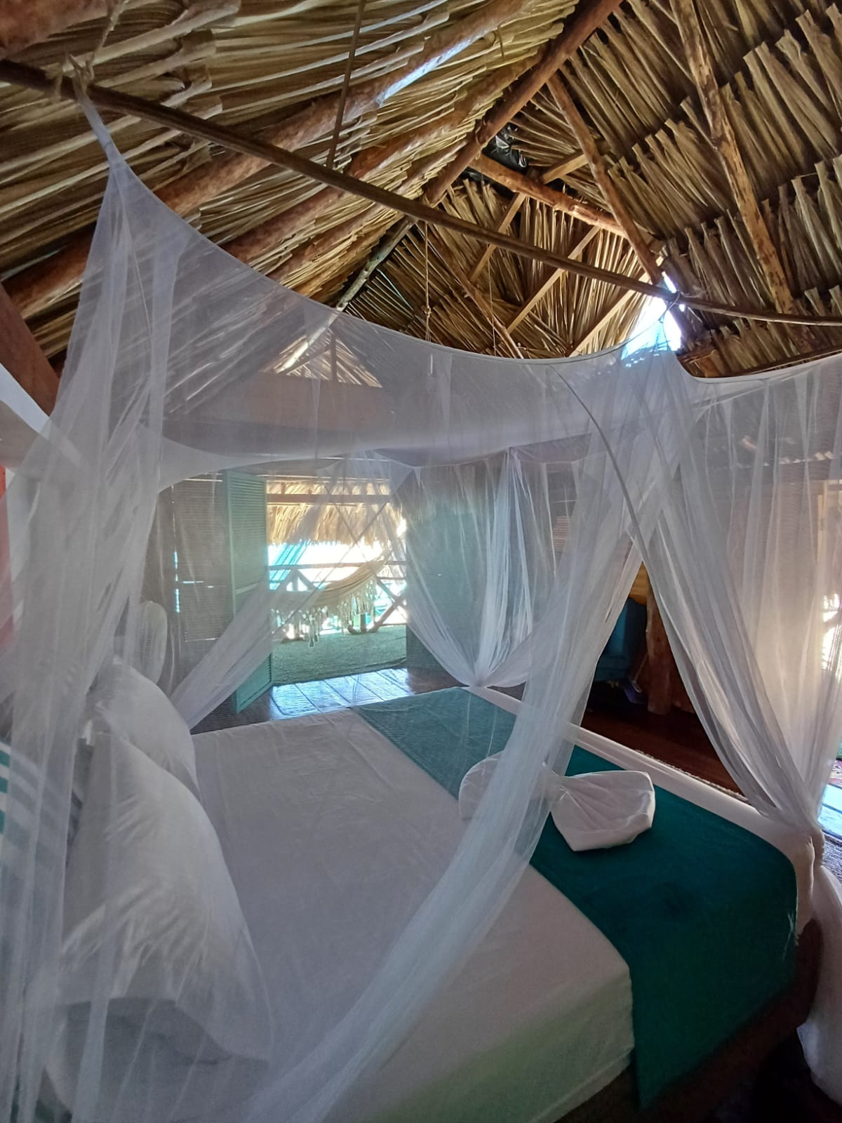 Interior cabaña con techo de palma